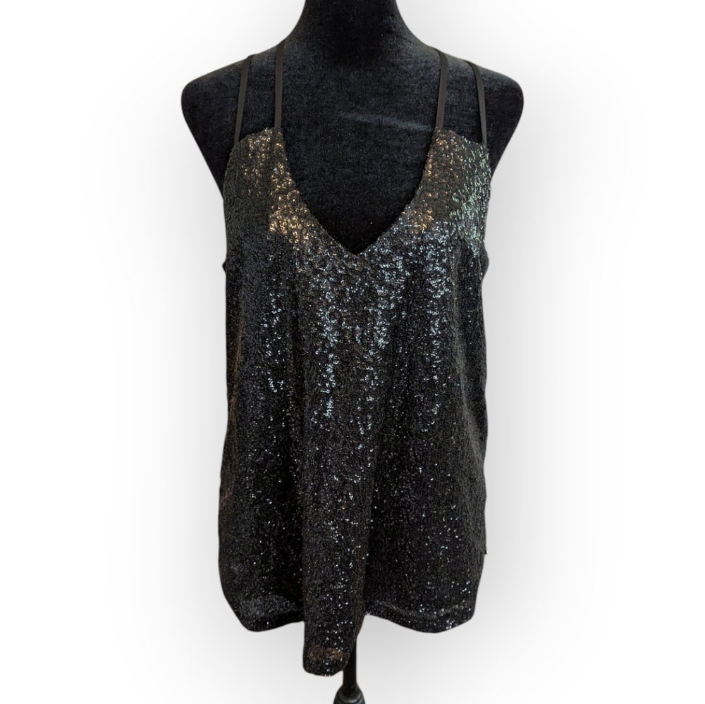 2 Guess Sequined Spaghetti Strap Tops Blouses Shirts Red Black - Picture 2 of 12